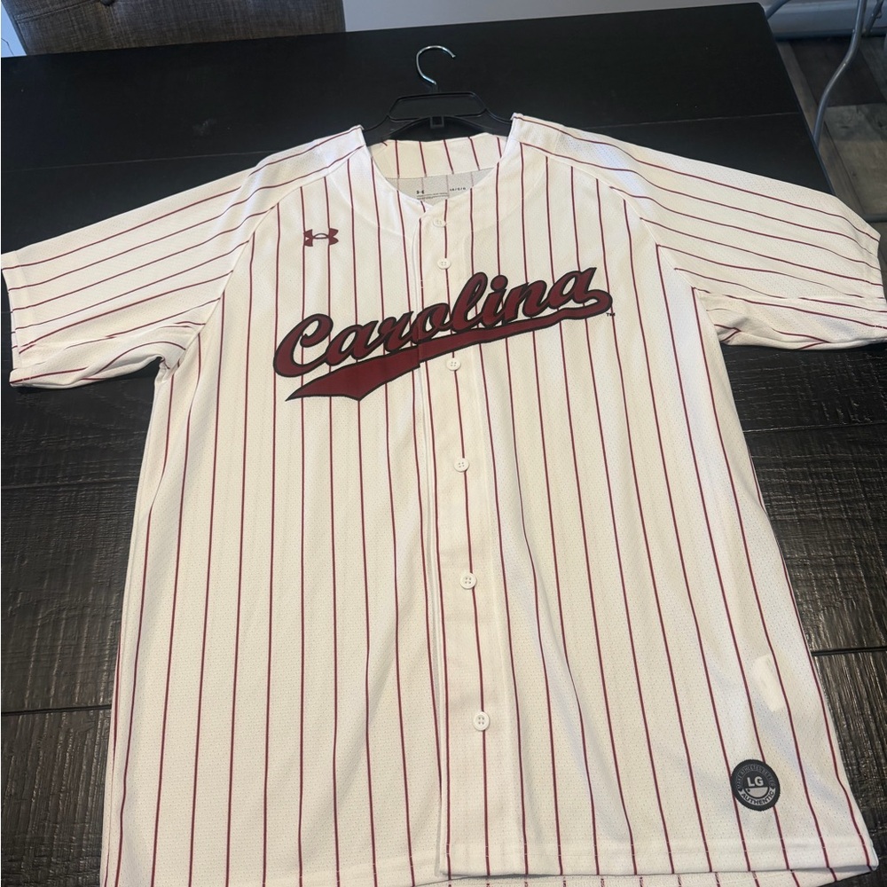Under Armour White Baseball Jersey with Maroon Pinstripes